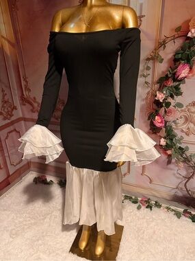 Elegant Black & White Ruffle Mermaid Midi Dress